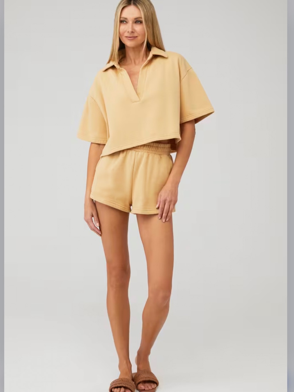 NWT Tan Cropped Polo Sweatshirt & Sweat Shorts matching Set L/XL